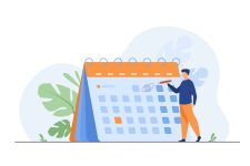 Businessman planning events, deadlines and agenda. Calendar, schedule, organization process flat vector illustration. Time management concept for banner, website design or landing web page